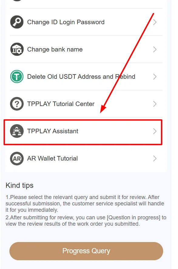 Tapping TPPlay Assistant to open the official TPPlay Telegram channel